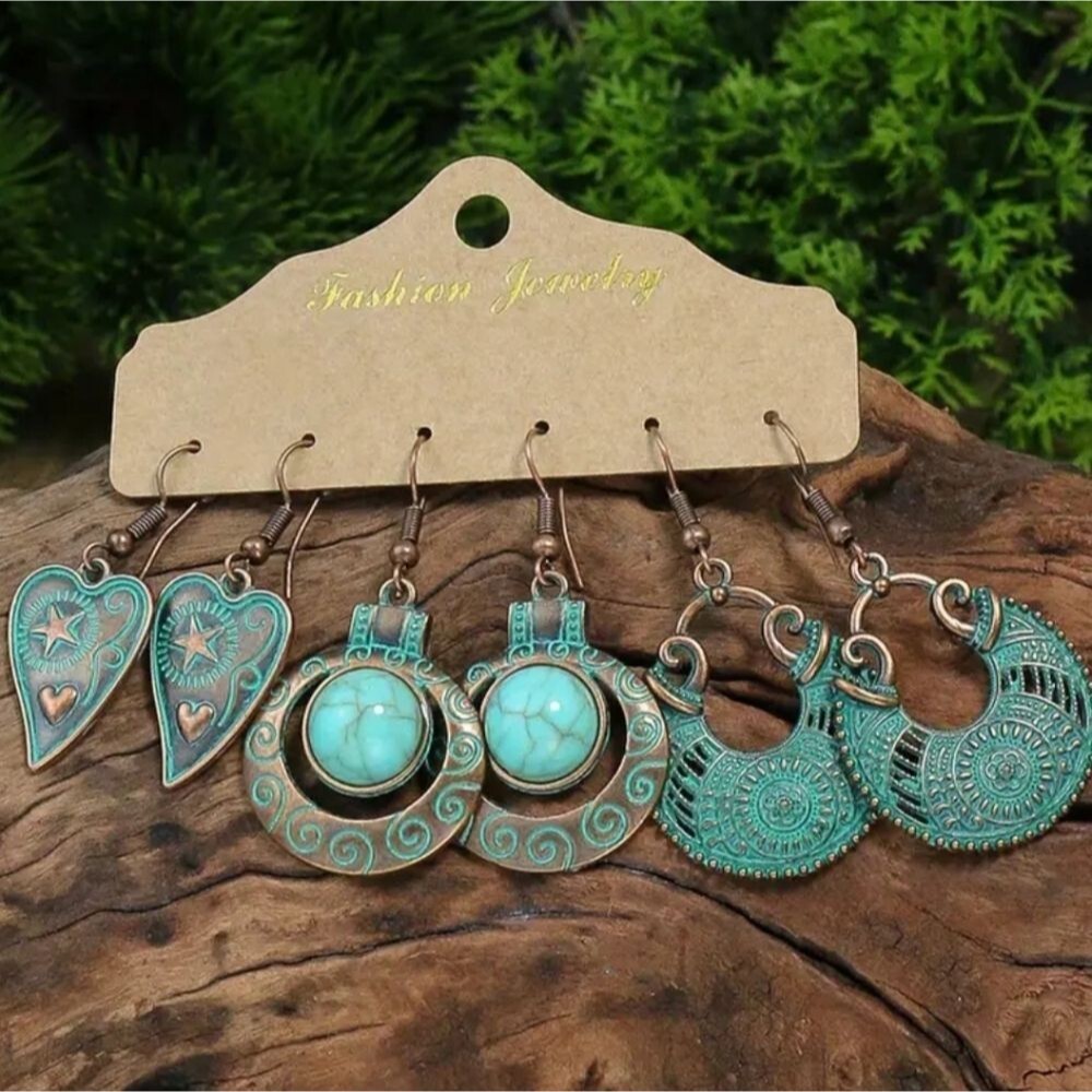 Turquoise bronze heart tribal boho earring lot